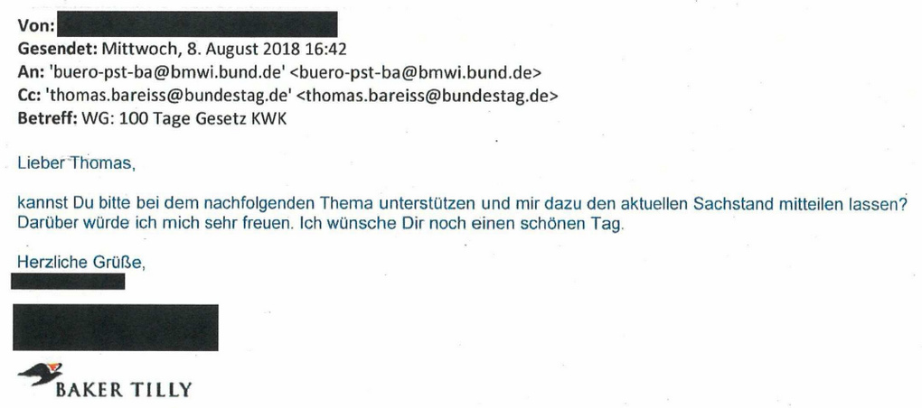 Mail Baker Tilly an Staatssekretär Thomas Bareiß vom 8. August 2018 Mail Baker Tilly an Staatssekretär Thomas Bareiß vom 8. August 2018