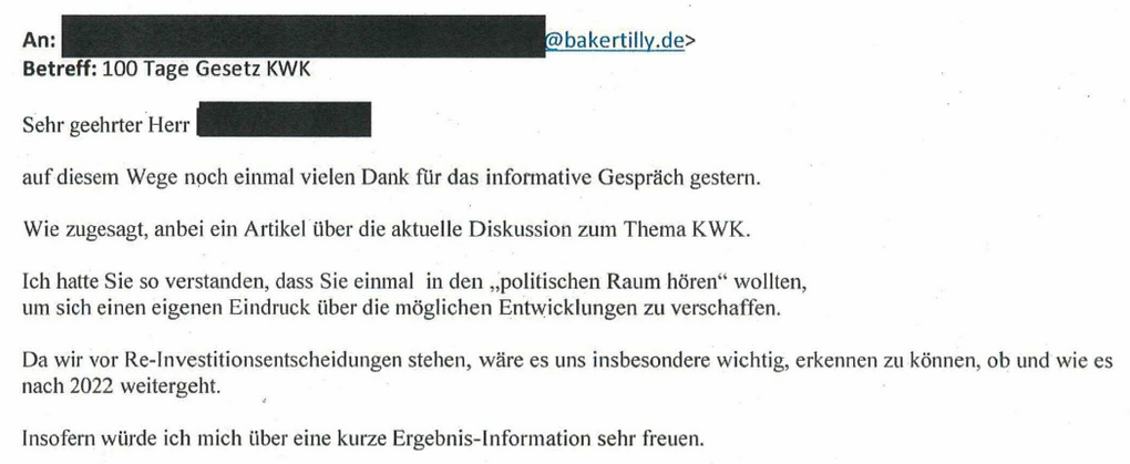 Mail vom 8. August 2018 an die Beratungsgesellschaft Baker Tilly Mail vom 8. August 2018 an die Beratungsgesellschaft Baker Tilly