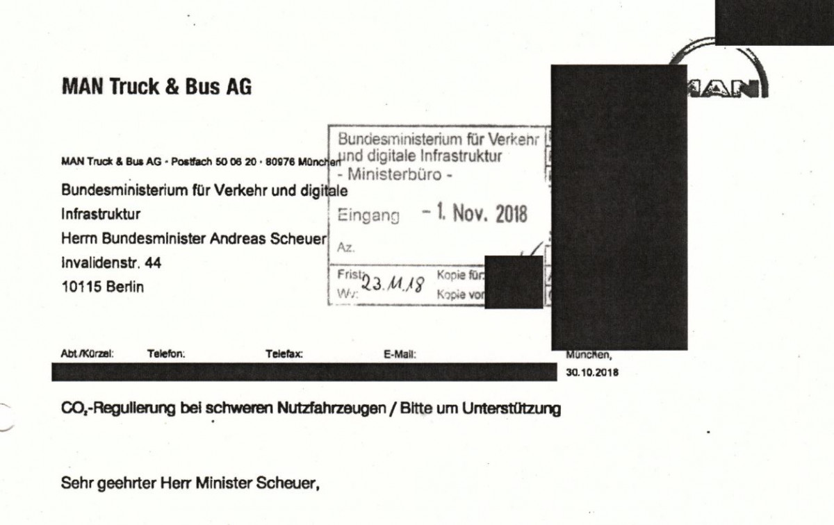 Brief vom Lkw-Hersteller MAN an Verkehrsminister Scheuer mit der Bitte um Unterstützung bei der CO2-Regulierung schwerer Nutzfahrzeuge