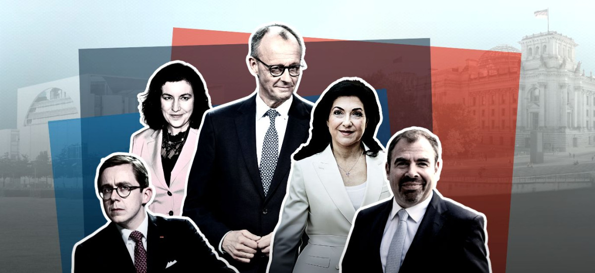 Collage mit den Regierungsmitglieder Friedrich Merz, Katherina Reiche, Florian Hahn, Dorothee Bär und Philipp Amthor
