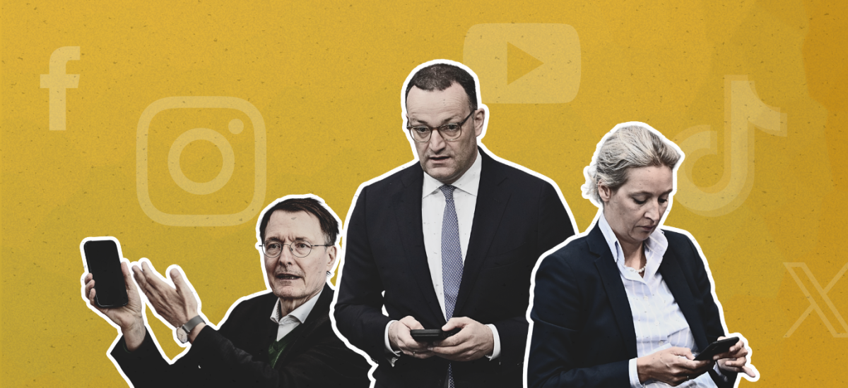Collage mit Karl Lauterbach, Jens Spahn und Alice Weidel, die auf ihre Smartphones bzw. es zeigen. Auf dem goldenen Hintergrund Logos von Social Media Kanälen