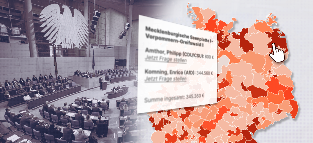 Grafik zu Nebeneinkünften von Abgeordneten nach Wahlkreisen. Links ist ein schwarz-weißes Foto des Bundestagsplenarsaals mit Bundesadler zu sehen, rechts eine Deutschlandkarte mit unterschiedlich stark rot eingefärbten Wahlkreisen. Darüber liegt ein eingeblendeter Beispielkasten mit Abgeordnetennamen, Beträgen und der Gesamtsumme eines Wahlkreises; ein Hand-Cursor zeigt auf einen Wahlkreis im Nordosten Deutschlands.