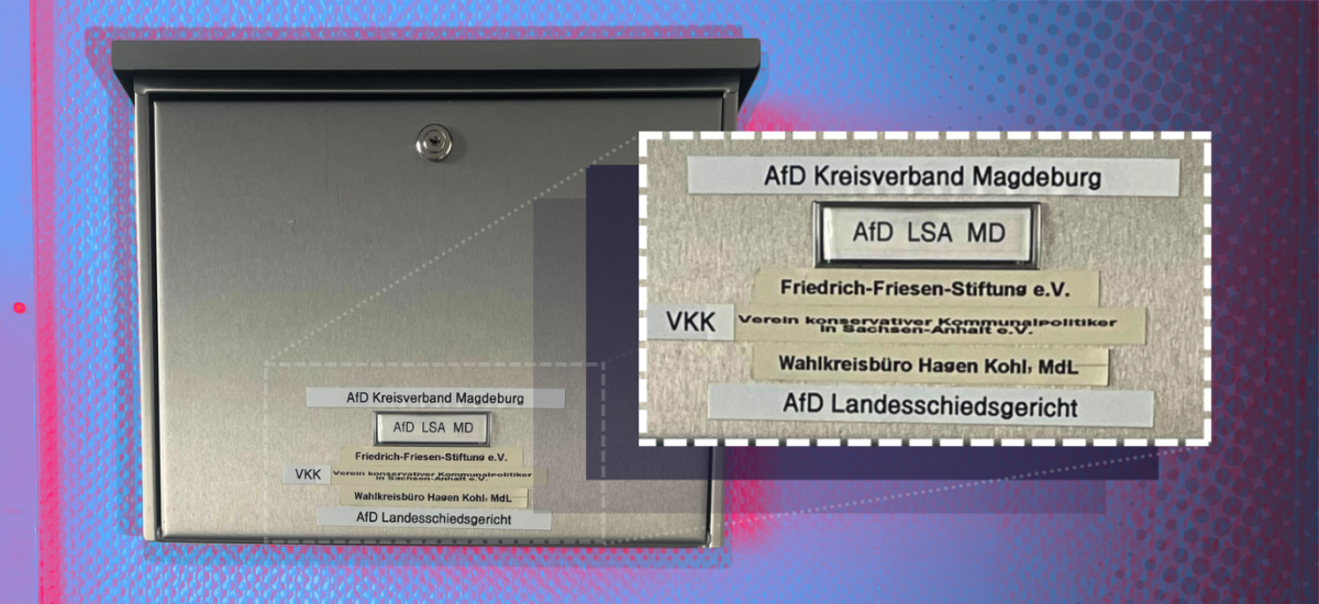 Zu sehen ist ein Briefkasten mit mehreren Beschilderungen: AfD Kreisverband Magdeburg, AfD LSA MD, Friedrich-Friesen-Stiftung, VKK Verein konservativer Kommunalpolitiker in Sachsen-Anhalt e.V., Wahlkreisbüro Hagen Kohl MdL, AfD Landesschiedsgericht