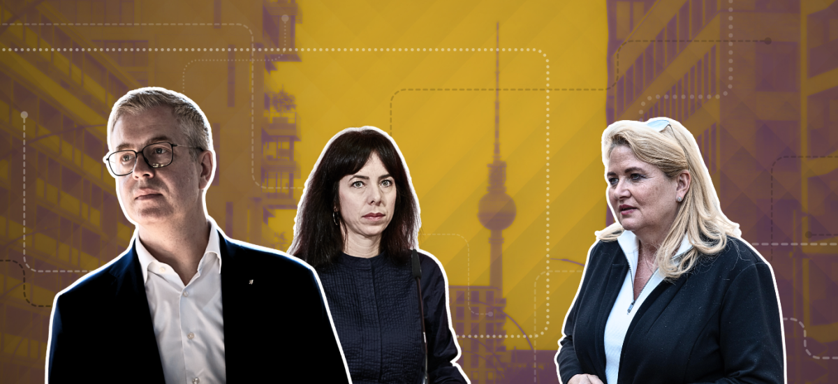 Collage zu Vereins- und Geschäftsbeziehungen der Berliner Spitzenkandidat:innen. Stefan Evers, Elif Eralp und Kristin Brinker vor einer Berliner Stadtkulisse mit Fernsehturm und Verbindungslinien.