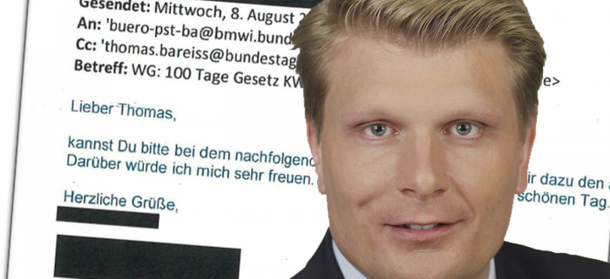 Mail an Wirtschaftsstaatssekretär Thomas Bareiß vom 8. August 2018