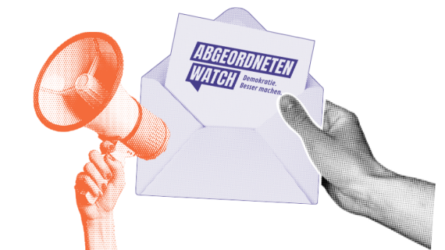 Eine Hand hält ein Megafon. Rechts daneben hält eine andere Hand einen geöffneten Briefumschlag. Aus dem Umschlag ragt ein Brief mit dem Aufdruck "abgeordnetenwatch" heraus.