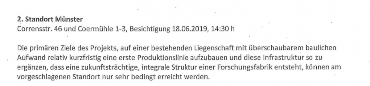 "Standort Münster: Die primären Ziele können am Standort Münster ... nur sehr bedingt erreicht werden."