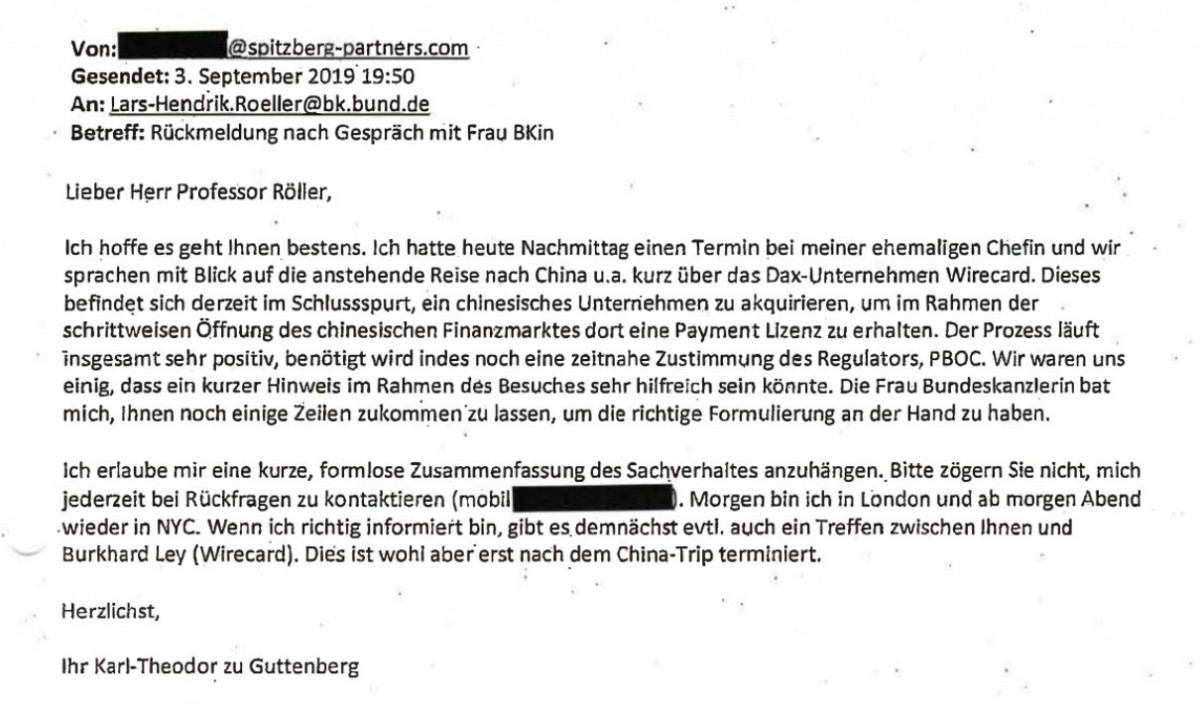 Mail von Guttenberg an das Bundeskanzleramt vom 3.9.2019