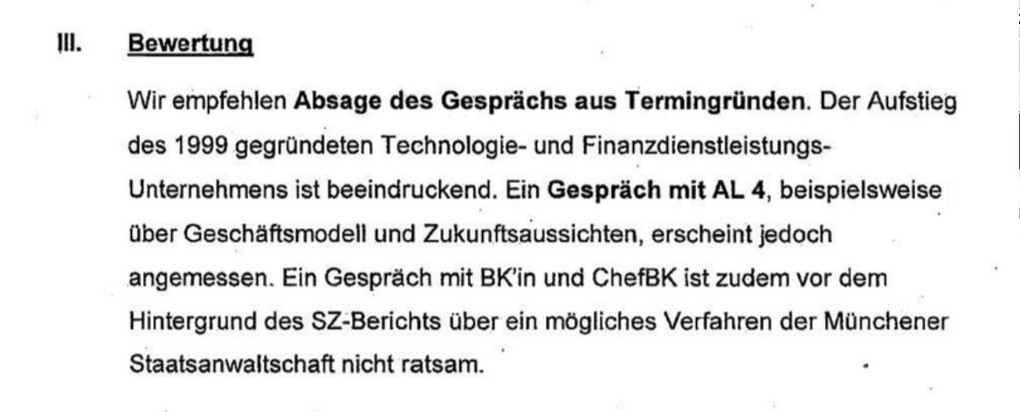 Aktenvermerk im Kanzleramt zu Terminanfrage von Wirecard: "Nicht ratsam"