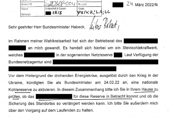 Screenshot von Lobbyschreiben an Minister Habeck mit der Anrede "lieber Peter"