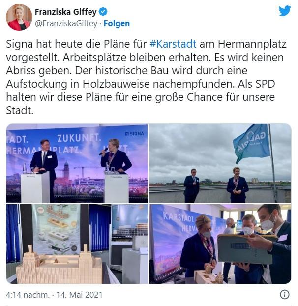 Tweet Franziska Giffey: "Signa hat heute die Pläne für #Karstadt am Hermannplatz vorgestellt. Arbeitsplätze bleiben erhalten. Es wird keinen Abriss geben. Der historische Bau wird durch eine Aufstockung in Holzbauweise nachempfunden. Als SPD halten wir diese Pläne für eine große Chance für unsere Stadt."