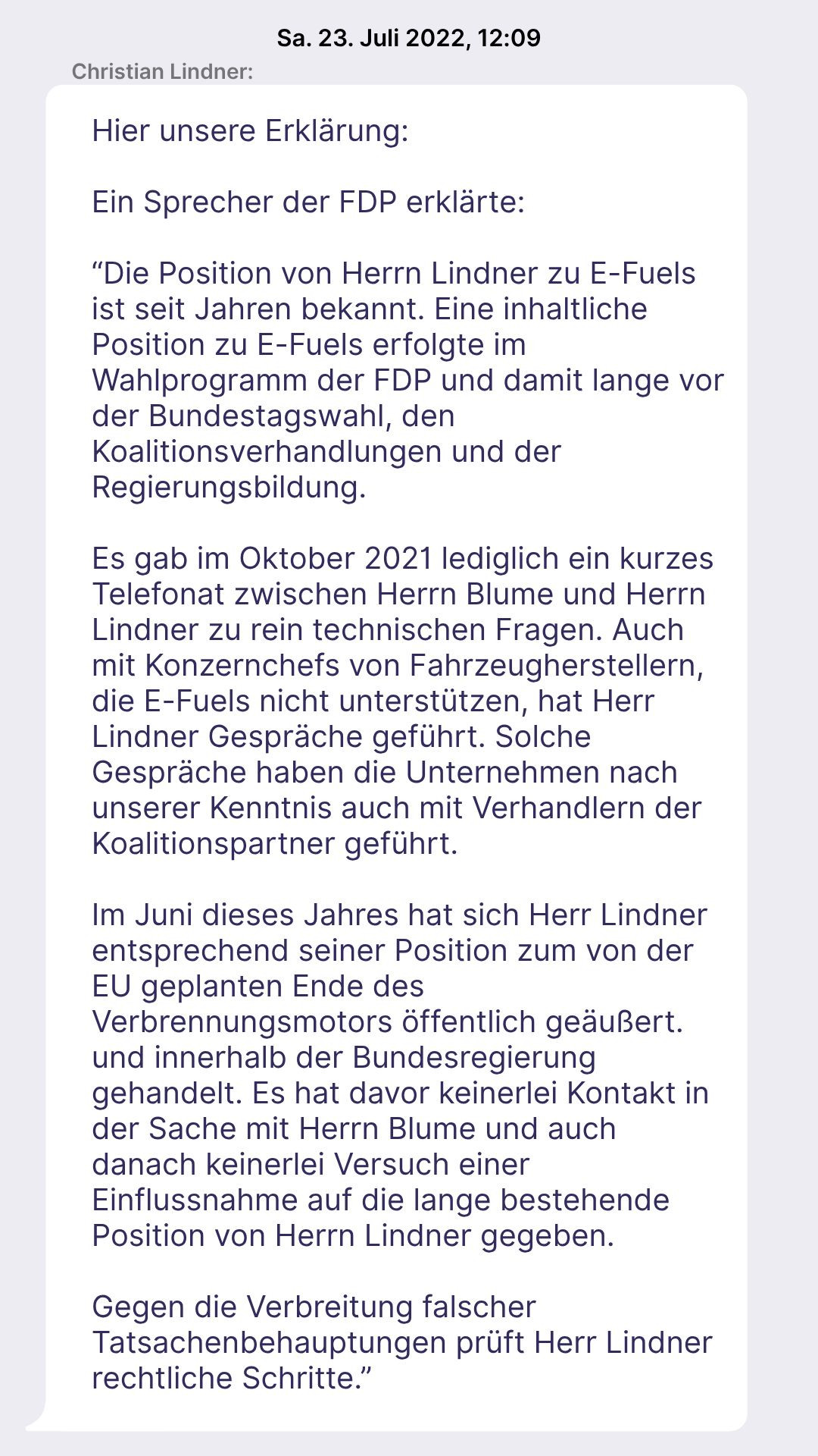 Nachricht von Lindner an Blume vom 23. Juli 2022 - Inhalt siehe Volltext, der unterhalb dieser Grafik im Artikel angegeben ist.
