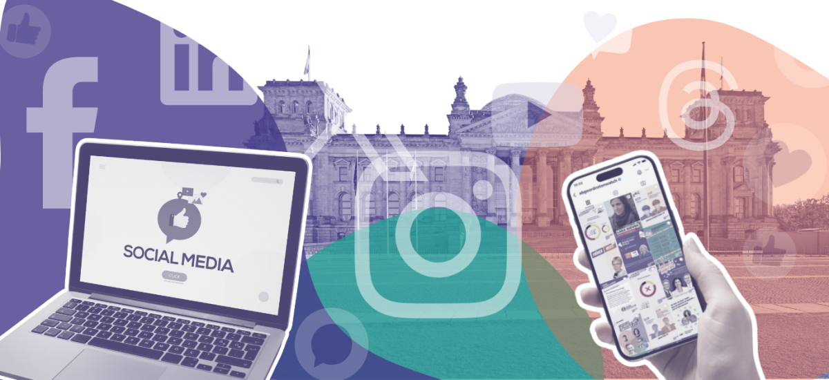 Collage eines Smartphones und eines Notebooks vor dem Bundestagsgebäudes, umringt von Social Media Icons