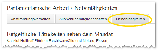 Screenshot: Abgeordnetenprofil/Nebentätigkeiten