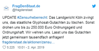 Tweet von FragDenStaat zur Abmahnung durch das BfR