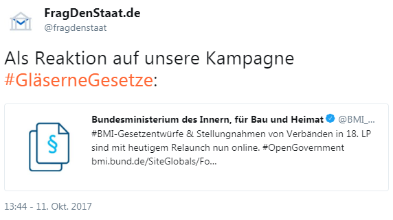 Tweet des Innenministeriums vom Oktober 2017: Veröffentlichen nun die Stellungnahmen