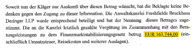 Ausschnitt Brief über Vergütungshöhe von Freshfields