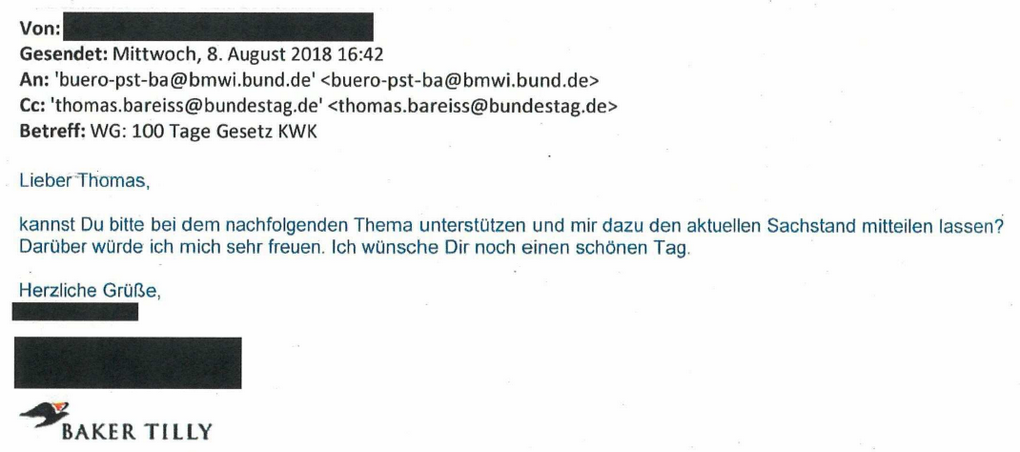 Mail Baker Tilly an Staatssekretär Thomas Bareiß vom 8. August 2018