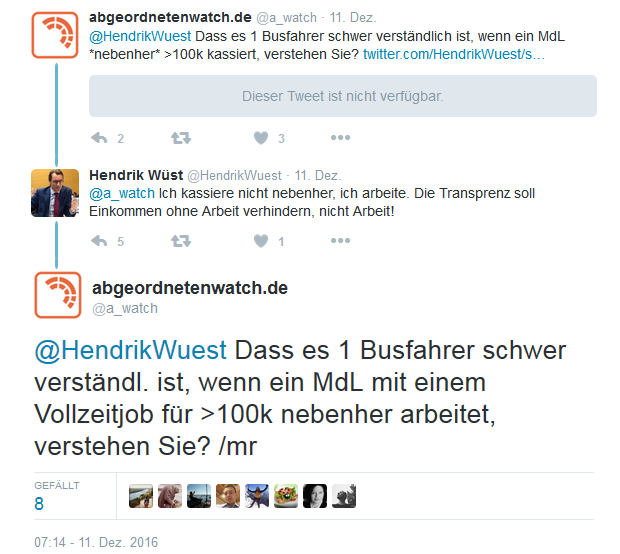 Twitterdialog zwischen abgeordnetenwatch.de und Hendrik Wüst vom 11.12.2016