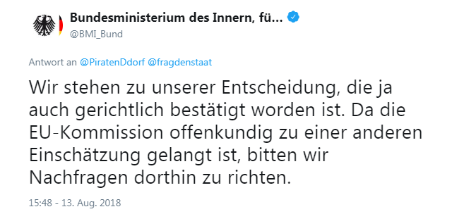 Tweet des BMI: "Wir stehen zu unserer Entscheidung, die ja auch gerichtlich bestätigt worden ist."