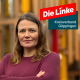 Foto der Kandidatin Alexandra Bürger. Sie hat die Arme verschränkt und lächelt dezent. Rechts oben ist das Logo der Partei Die Linke. Darunter steht Kreisverband Göppingen.