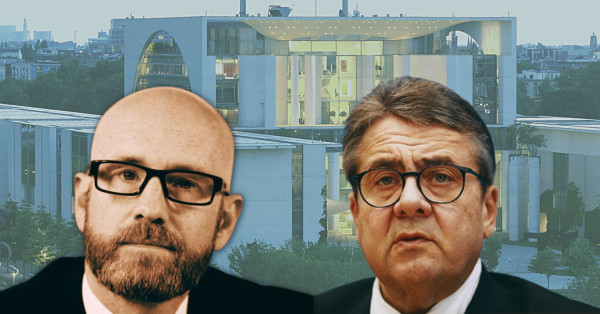 Fotokollage: Im Vordergrund Sigmar Gabriel und Peter Tauber, im Hintergrund das Bundeskanzleramt