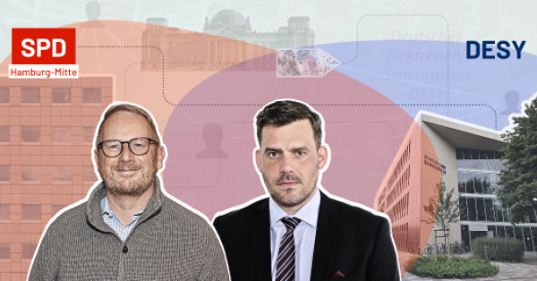 Collage von Johannes Kahrs und Falko Droßmann, im Hintergrund Gebäude: Bundestag, SPD-Hamburg Mitte, Start-Up Labs Bahrenfeld