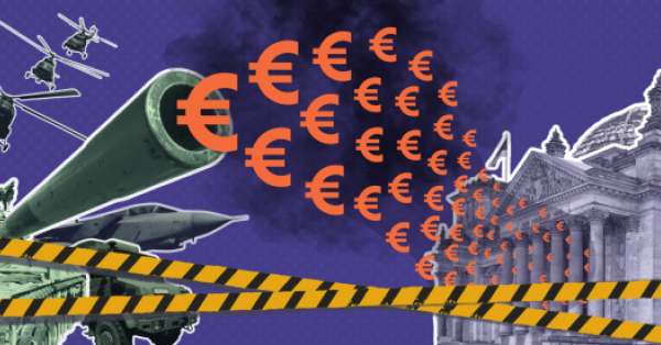 Eine Collage die links im Bild Produkte von Rüstungsunternehmen zeigt: Hubschrauber, Kampfjet, Panzer. Aus dem Panzerrohr kommen Euro-Zeichen, die sich ins Reichstagsgebäude bewegen, das rechts im Bild ist; im Vordergrund ein sich überkreuzendes Absperrband