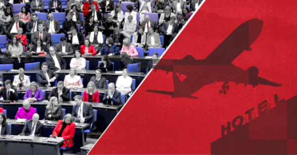 Das Bild zeigt eine Collage aus einem Foto aus dem Bundestag und rot eingefärbten Silhouetten von Flugzeug und Hotel