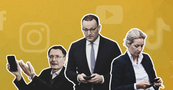 Collage mit Karl Lauterbach, Jens Spahn und Alice Weidel, die auf ihre Smartphones bzw. es zeigen. Auf dem goldenen Hintergrund Logos von Social Media Kanälen