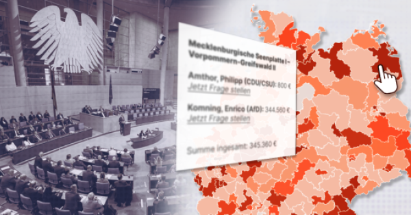 Grafik zu Nebeneinkünften von Abgeordneten nach Wahlkreisen. Links ist ein schwarz-weißes Foto des Bundestagsplenarsaals mit Bundesadler zu sehen, rechts eine Deutschlandkarte mit unterschiedlich stark rot eingefärbten Wahlkreisen. Darüber liegt ein eingeblendeter Beispielkasten mit Abgeordnetennamen, Beträgen und der Gesamtsumme eines Wahlkreises; ein Hand-Cursor zeigt auf einen Wahlkreis im Nordosten Deutschlands.