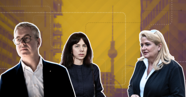 Collage zu Vereins- und Geschäftsbeziehungen der Berliner Spitzenkandidat:innen. Stefan Evers, Elif Eralp und Kristin Brinker vor einer Berliner Stadtkulisse mit Fernsehturm und Verbindungslinien.