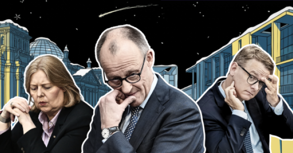 Bärbel Bas, Friedrich Merz und Carsten Linnemann mit gesenkten Blicken; dahinter in Blau- und Gelbtönen illustriert Gebäude des Berliner Regierungsviertels; darüber ein Nachthimmel mit Sternen und einer Sternschnuppe.
