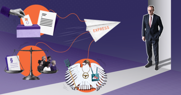 Collage zum Eil-Appell an Bundeskanzler Friedrich Merz: Ein Express-Papierflieger transportiert Symbole für Lobby-Fußabdruck, Vetorecht und Belastungscheck zu Merz.
