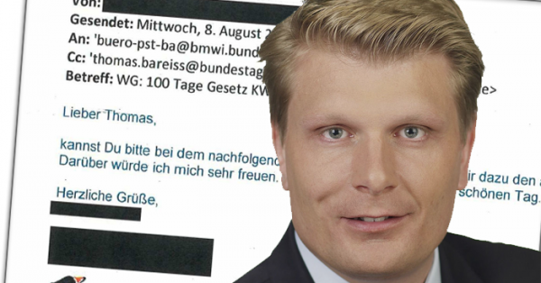 Mail an Wirtschaftsstaatssekretär Thomas Bareiß vom 8. August 2018