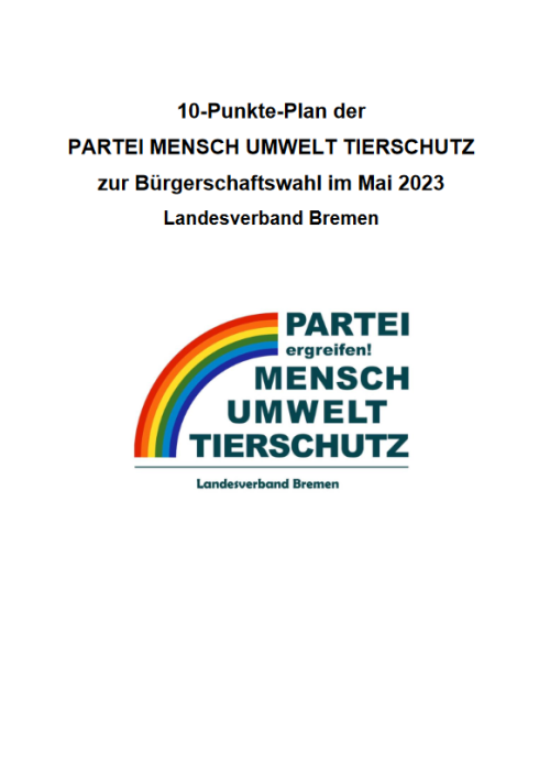 Titelblatt des Wahlprogramms der Tierschutzpartei, auf weißem Hintergrund sieht man das Logo der Partei sowie den Titel 10-Punkte Plan