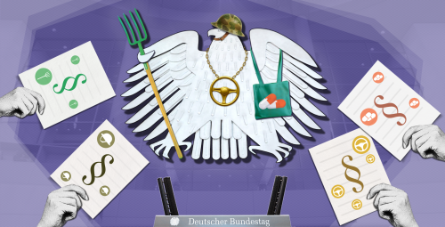Collage des Bundesadlers im Bundestags ist ausgestattet mit Merchandising-Artikeln verschiedener Lobbybranchen, Hände reichen Gesetzesvorschläge derselben Lobbyverbände an den Rednerpult