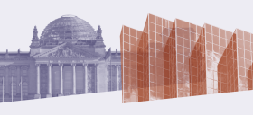 links das Bundestagsgebäude, rechts ein Bürogebäude mit Glasfassade