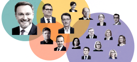 Neue Tätigkeiten der Ex-Minister:innen Profilbilder der Ex-Minister:innen der Ampel-Regierung verteilt auf vier bunten Kreisen abgebildet: Christian Lindner (FDP), Karl Lauterbach (SPD), Wolfgang Schmidt (SPD), Olaf Scholz (SPD), Robert Habeck (Grüne), Volker Wissing (FDP, später parteilos), Marco Buschmann (FDP), Annalena Baerbock (Grüne), Boris Pistorius (SPD), Cem Özdemir (Grüne), Hubertus Heil (SPD), Klara Geywitz (SPD), Lisa Paus (Grüne), Nancy Faeser (SPD), Steffi Lemke (Grüne), Svenja Schulze (SPD), Bettina Stark-Watzinger (FDP)