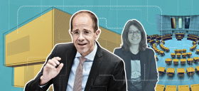 Haus des Gräff Im Vordergrund ist Politiker Christian Gräff, hinter ihm, etwas weniger im Fokus, ist Bezirksbürgermeisterin Nadja Zivkovic. Links ist eine Grafik vom Haus der Zukunft, rechts ein Bild des Berliner Abgeordnetenhauses. Leichte Linien, die ein Netzwerk darstellen, durchziehen das Bild.