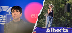 Das Bild ist zweigeteilt. Links ist Christine Anderson im Portrait im EU-Parlament zu sehen. Rechts steht sie in Freizeitkleidung und Cowboy-Hut auf einer Bühne.