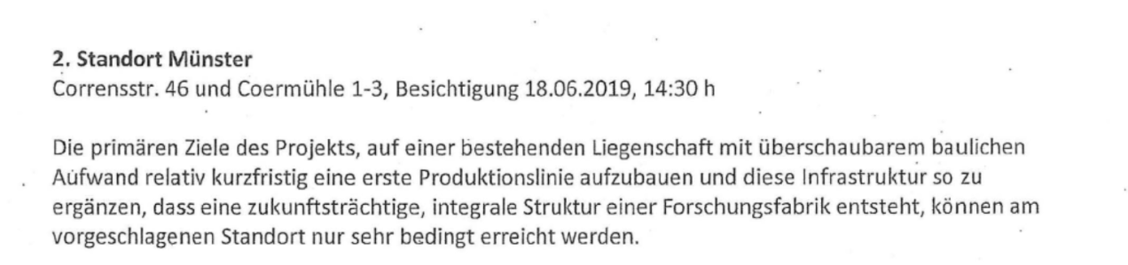 "Standort Münster: Die primären Ziele können am Standort Münster ... nur sehr bedingt erreicht werden."