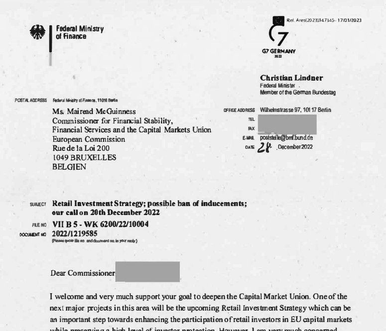 Ausriss des Briefes von Finanzminister Christian Lindner vom 28.12.2022 an die EU-Kommission zum Thema Provisionsverbot