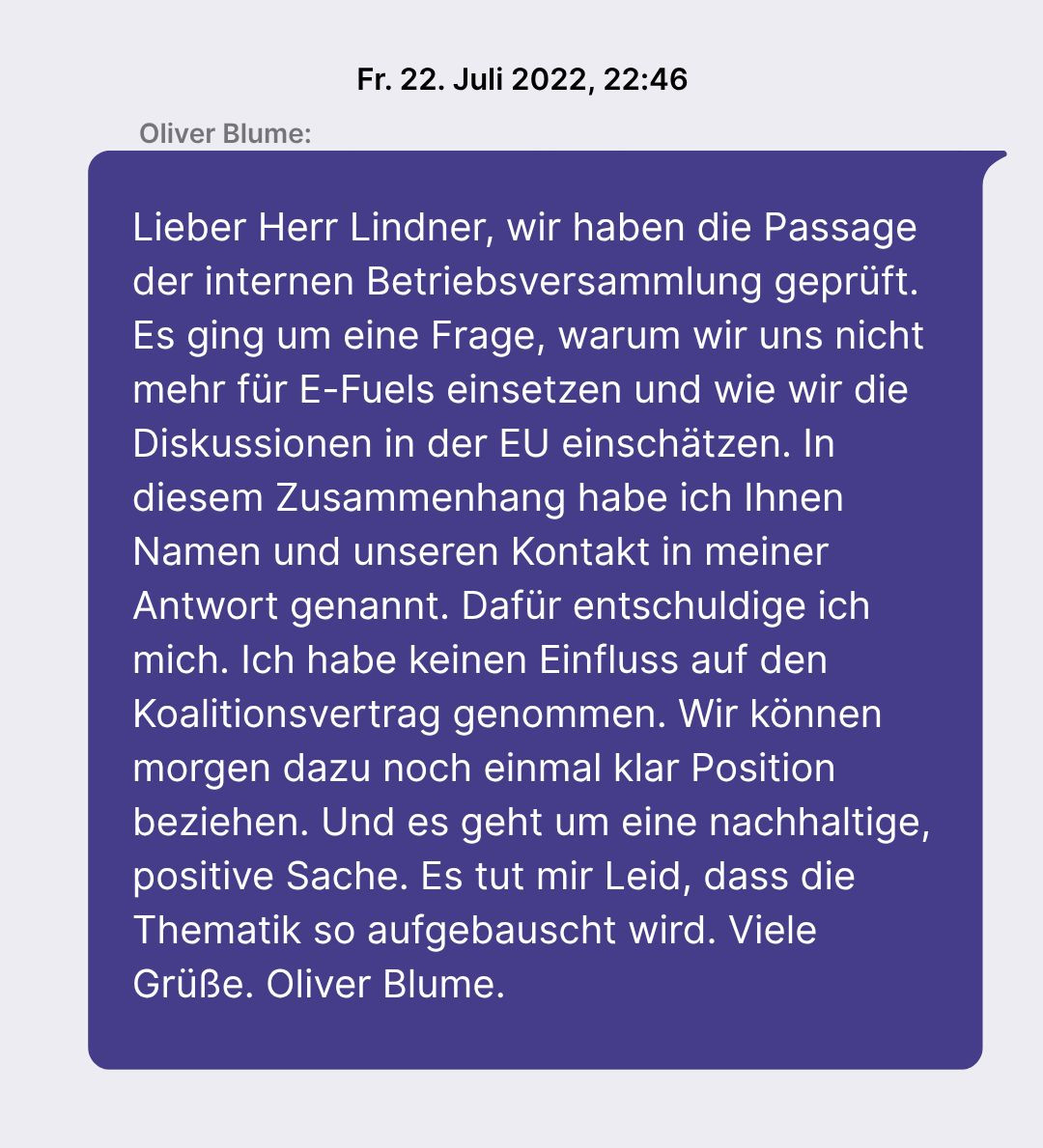 Nachricht von Blume an Lindner vom 22. Juli 2022 - Inhalt siehe Volltext, der unterhalb dieser Grafik im Artikel widergegeben ist.