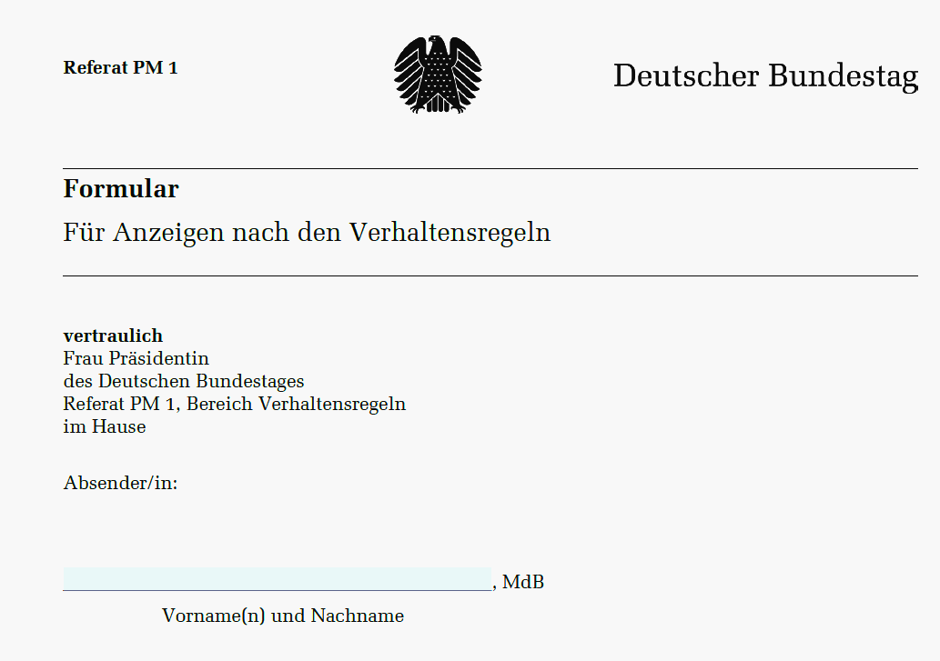 Formular für Bundestagsabgeordnete zur Meldung ihrer Nebeneinkünfte (Screenshot)