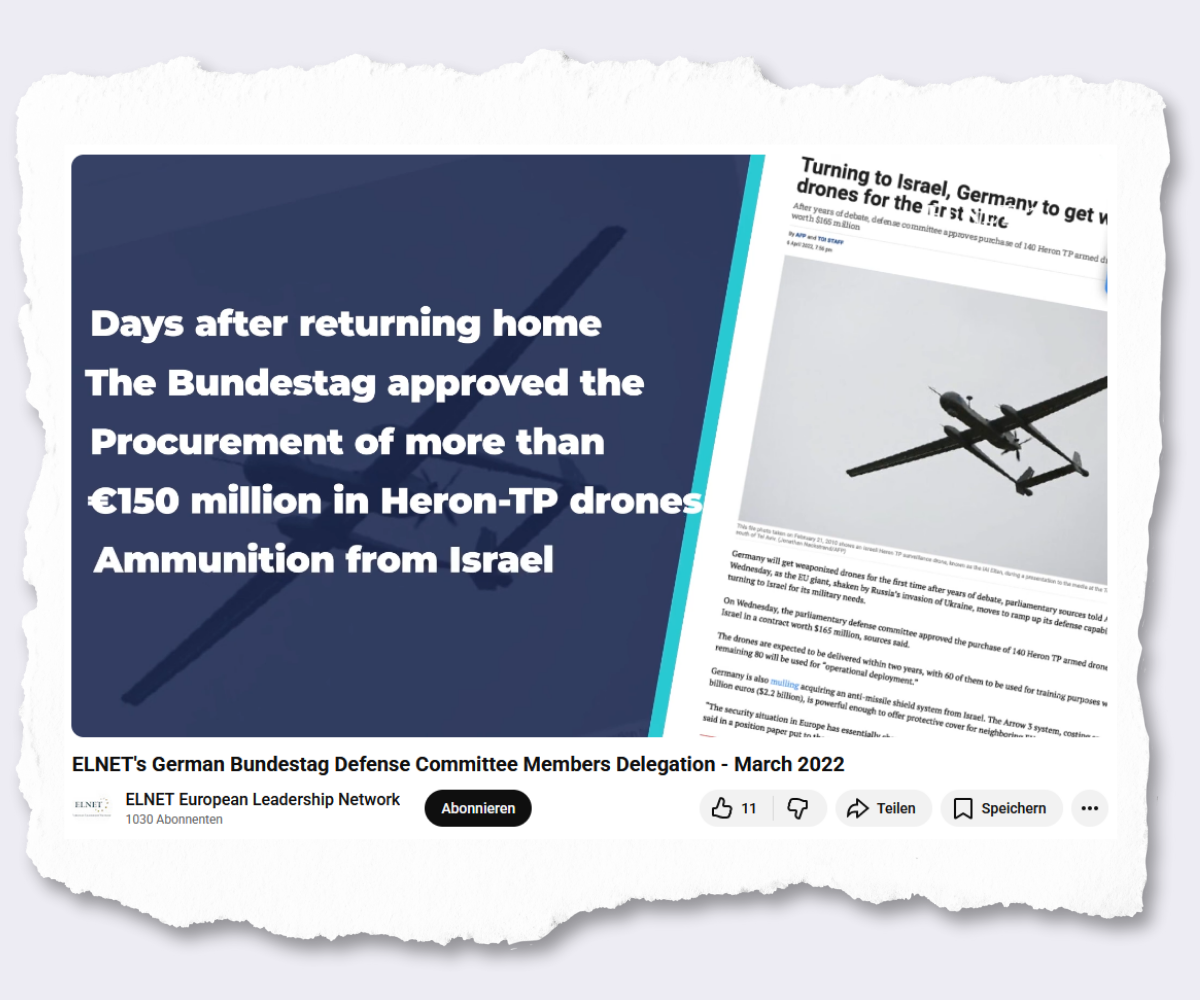 Screenshot aus einem Video, der Text: "Days after returning home The Bundestag approved the Procurement of more than €150 million in Heron-TP drones Ammunition from Israel