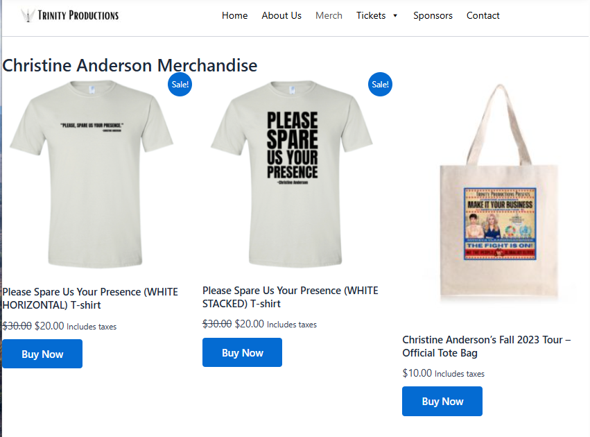 Zu sehen sind Fanartikel, welche Trinity Productions verkauft.