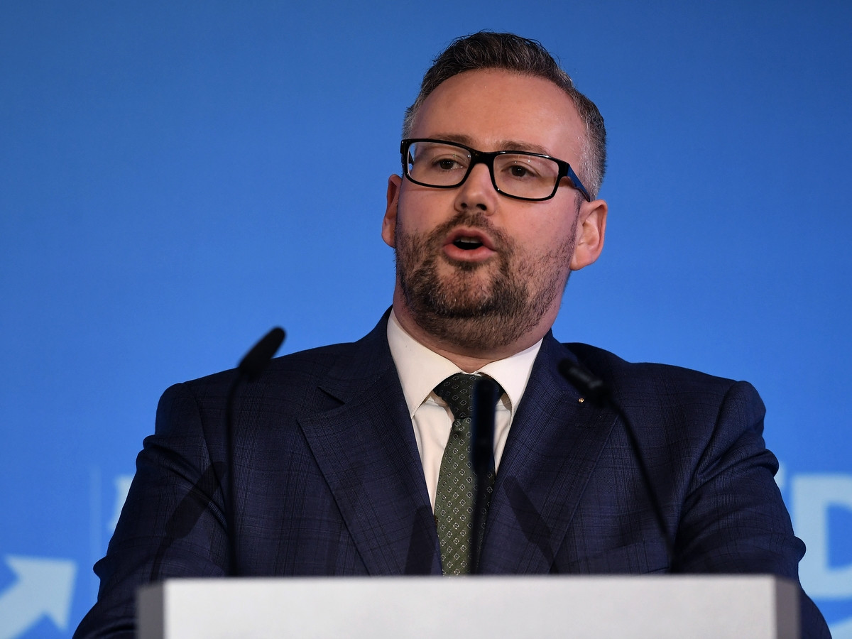MdB Sebastian Münzenmaier (AfD) am Rednerpult bei einer Parteiveranstaltung